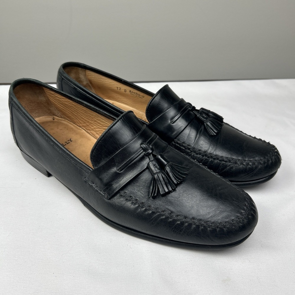 Bally Black Leather Tassel Loafers Sanzio Men's Size 12 Italy Dress Shoes